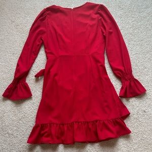 Red, long sleeve, short formal dress with ruffle sleeves